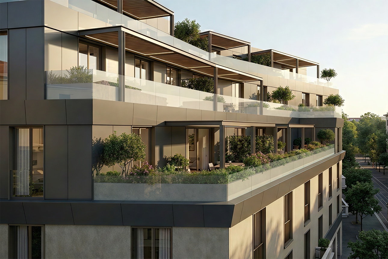 Fioriere modulari Green Wave su terrazzo moderno arredato