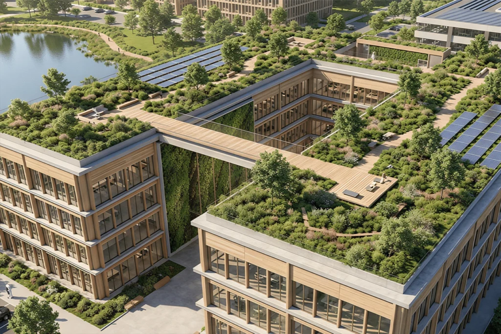 Giardino pensile su tetto con vegetazione e sistema di verde pensile