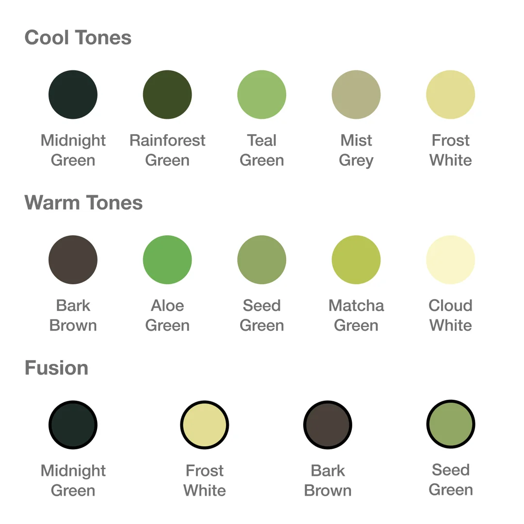 MOSSwall® stabilized moss colors: Cool Tones, Warm Tones, Fusion and Seasonal Mixes