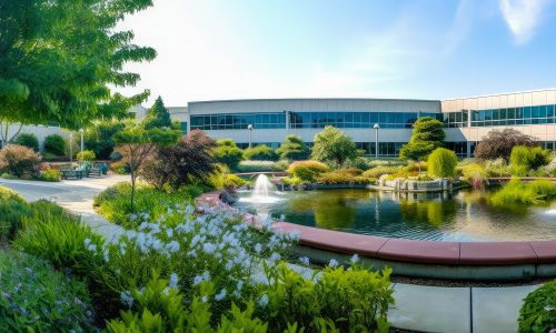 Panoramic view of a beautifully landscaped hospital garden with colorful flowers, benches, and a soothing water feature