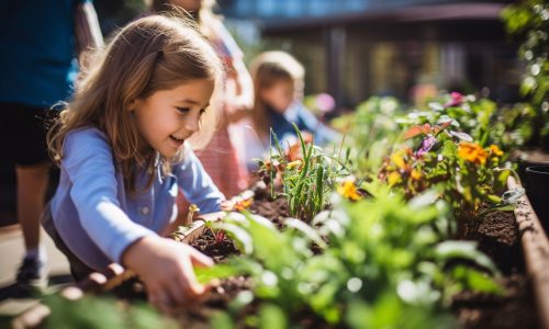 Back to school, gardening in the school garden, children take care of plants