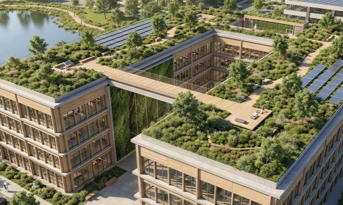 Giardino pensile su tetto con vegetazione e sistema di verde pensile